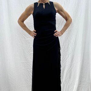 New with tags Betsy Adam Size 4 Flowing Navy Gown with Jeweled Accent Neckline